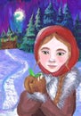 Girl with snowdrops in her hands. Illustration for the fairy tale by S. Marshak `Twelve months`. Children`s drawing. Royalty Free Stock Photo