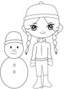 Girl with a snowman coloring page Royalty Free Stock Photo