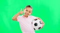 Girl, soccer ball and thumbs up in green screen studio with smile, face and happiness in sport mockup. Young female Royalty Free Stock Photo