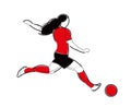 Girl soccer player with the ball. Stylish graphics. Linear geometric pattern