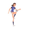 Girl Soccer Player Character, Young Woman in Blue Sports Uniform Playing Football, Female Athlete Kicking the Ball Royalty Free Stock Photo