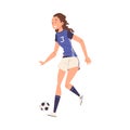 Girl Soccer Player Character, Young Woman in Sports Uniform Playing Football, Female Athlete Dribbling the Ball Vector Royalty Free Stock Photo