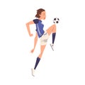 Girl Soccer Player Character, Young Woman in Sports Uniform Playing Football, Female Athlete Kicking the Ball Vector Royalty Free Stock Photo