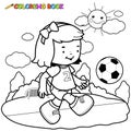 Little girl playing soccer. Vector black and white coloring page. Royalty Free Stock Photo