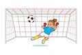 Girl soccer player, goalkeeper, catches the ball in the soccer goal. Vector in cartoon style, comic flat