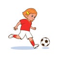 Girl soccer player kicking a soccer ball. Isolated vector illustration in cartoon Royalty Free Stock Photo