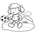 Girl playing soccer. Child soccer player. Little girl play football. Kids and sports. Vector black and white coloring page Royalty Free Stock Photo