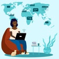 Black girl woman working in a chair at a laptop computer Home office freelance work anywhere around the world