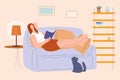 Girl on sofa reading book. Woman rest home at evening with cat. Weekend relax, student learning notebook, cozy vector