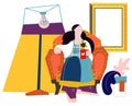 Girl on sofa. Vector flat cartoon illustration