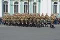 Girl soldiers in the form of world war II on the rehearsal of parade in honor of Victory Day. Saint Petersburg