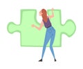 Girl Solving Jigsaw Puzzle, Back View of Person Trying to Connect Big Green Puzzle Element Cartoon Style Vector Royalty Free Stock Photo