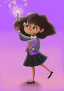 Girl sorceress hermione, in school uniform and a magic wand, illustration, character design