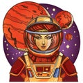 Girl in a spacesuit for t-shirt design or print. Woman astronaut. Cosmic Beauty. Martian, alien illustration
