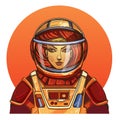 Girl in a spacesuit for t-shirt design or print. Woman astronaut. Cosmic Beauty. Martian, alien illustration on orange background