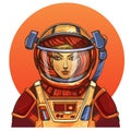 Girl in a spacesuit for t-shirt design or print. Woman astronaut. Cosmic Beauty. Martian, alien illustration on orange background