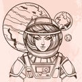 Girl in a spacesuit for t-shirt design or print. Woman astronaut. Cosmic Beauty. Martian, alien outline illustration on grunge