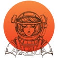 Girl in a spacesuit for t-shirt design or print. Woman astronaut. Cosmic Beauty. Martian, alien outline illustration on orange