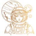 Girl in a spacesuit for t-shirt design or print. Woman astronaut. Cosmic Beauty. Martian, alien outline illustration on a white