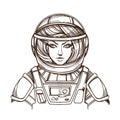 Girl in a spacesuit for t-shirt design or print. Woman astronaut. Cosmic Beauty. Martian, alien outline illustration on a white