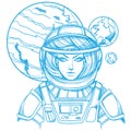 Girl in a spacesuit for t-shirt design or print. Woman astronaut. Cosmic Beauty. Martian, alien outline illustration on a white