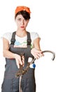 Girl with spanner asking for help Royalty Free Stock Photo