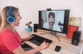 Girl speaking with her boyfriend using web platform online during isolation quarantine - Happy young woman laughing while chatting