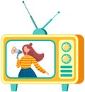 Girl speaks into loudspeaker in retro tv. Employee, new people search concept, personnel selection