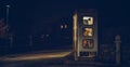girl speaks in the night telephone booth. mystical and mysterious street phone