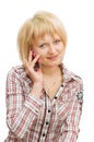 Girl speaks by phone isolated over white