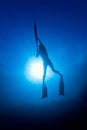 A girl spearfishing infront of the sun Royalty Free Stock Photo