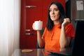 Clumsy Woman Drinking Coffee Staining Her Shirt Royalty Free Stock Photo