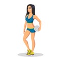 Girl in sport bra, shorts tights, sneakers standing and keeping volleyball ball. Royalty Free Stock Photo