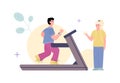 Girl sport coach training of young man running on treadmill a vector illustration Royalty Free Stock Photo