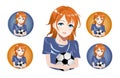 Girl in sports uniform holds a soccer ball, set of icons. Vector anime characters. Anime girl in japanese. Anime style Royalty Free Stock Photo