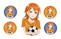 Girl in sports uniform holds a soccer ball, set of icons. Vector anime characters. Anime girl in japanese. Anime style Royalty Free Stock Photo