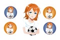 Girl in sports uniform holds a soccer ball, set of icons. Vector anime characters. Anime girl in japanese. Anime style Royalty Free Stock Photo