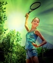 Girl sportsman with racket and ball on tennis Royalty Free Stock Photo