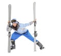 Girl in sportwear with ski isolated over white