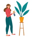 Girl sprays a flower. Houseplants. Happy gardening. Care of Home Plants and Flowers in Pots Enjoying Gardening Hobby. Cartoon