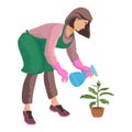 Girl sprays a plant with a spray bottle. Isometric. Vector.