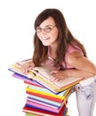 Girl with stack colored book . Royalty Free Stock Photo