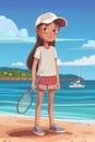 A girl is standing on the beach holding a tennis racket Royalty Free Stock Photo