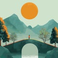 Girl standing on bridge over the river against the background of mountains, trees, sky and sun. Stylized minimalist Royalty Free Stock Photo