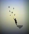 Girl is standing on the edge of flying rock and holding pigeons, way in the dreamland, follow your dream, shadows,