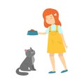 Girl standing and feeding her cat from bowl vector illustration Royalty Free Stock Photo