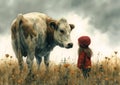 girl standing field cow cute miles compassionate amazing inspiring kid gray anthropomorphic large tall amicable daisy colossus Royalty Free Stock Photo