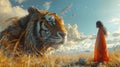 A girl standing in a field of wheat, looking at a large tiger. The tiger is standing in front of her, and is looking at her with a