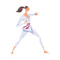 Girl Standing in Fighting Stance, Female Karate Fighter Character in White Kimono Practicing Traditional Japan Martial