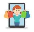 Girl standing with four shopping bag on smartphone Royalty Free Stock Photo